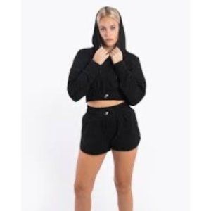 Box Raw Sweater Womens XS Black Kim Cropped Hoodie Activewear Pullover